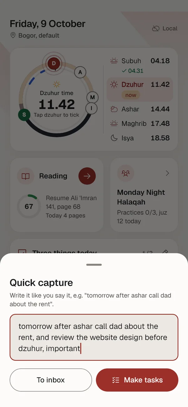 Quick capture sheet with the note: tomorrow after ashar call dad about the rent, and review the website design before dzuhur, important.