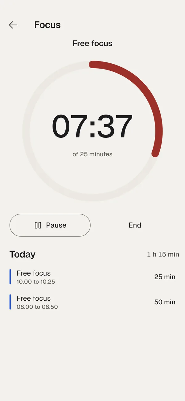 Focus timer running, 07:37 of 25 minutes.