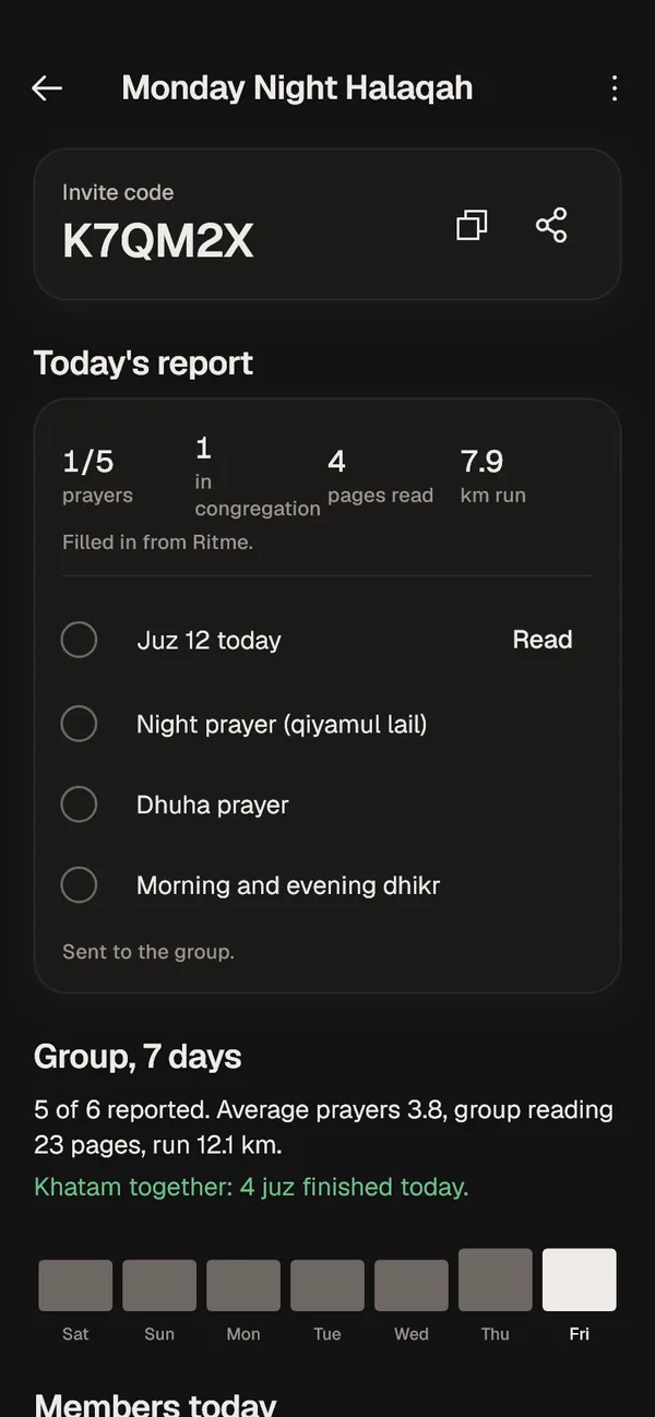 Group detail for Monday Night Halaqah: invite code, today's report, 7-day summary, and each member's juz.