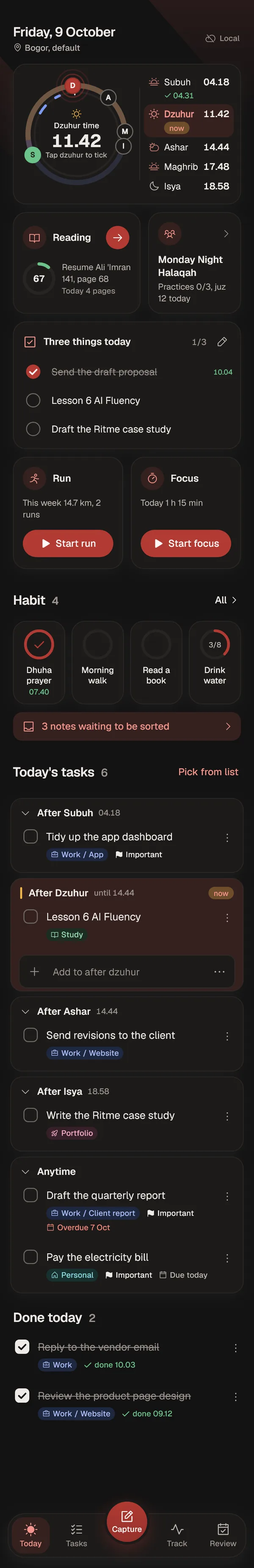 Today screen in dark mode.