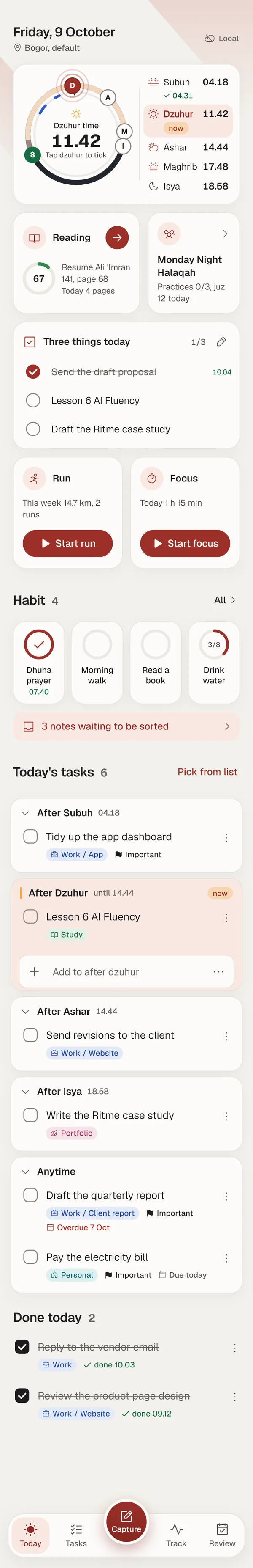 Today screen: the Ritme clock, prayer times, Quran reading card, group, three things for today, habits, and tasks grouped by after-prayer block.