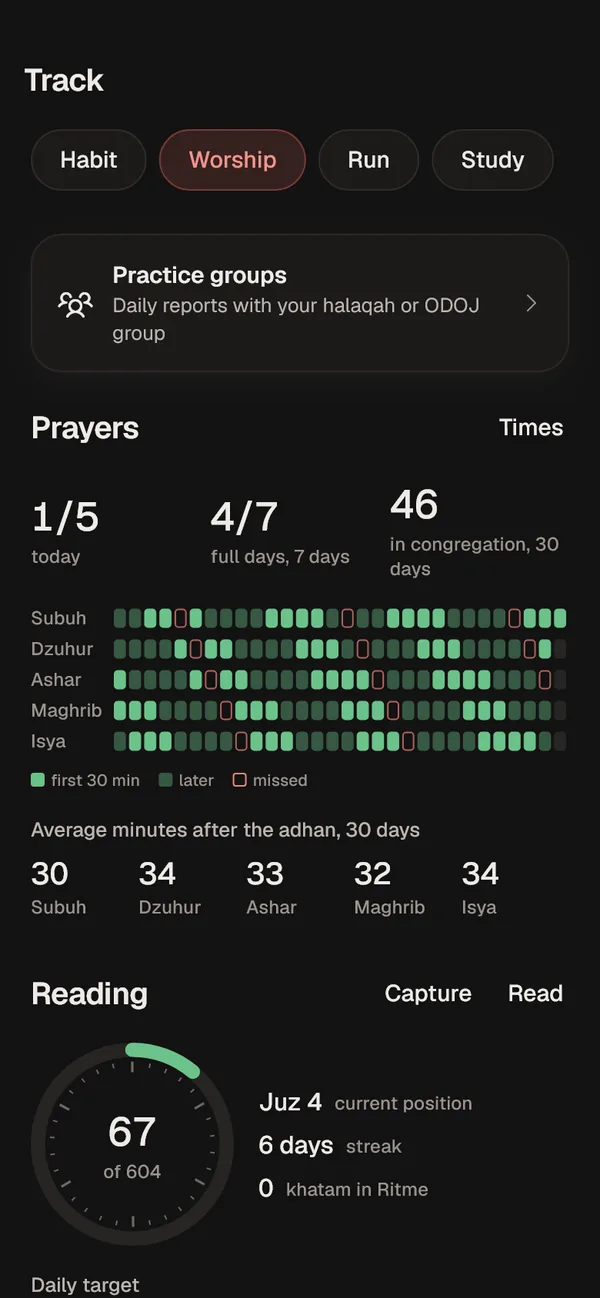 Prayer history in dark mode.