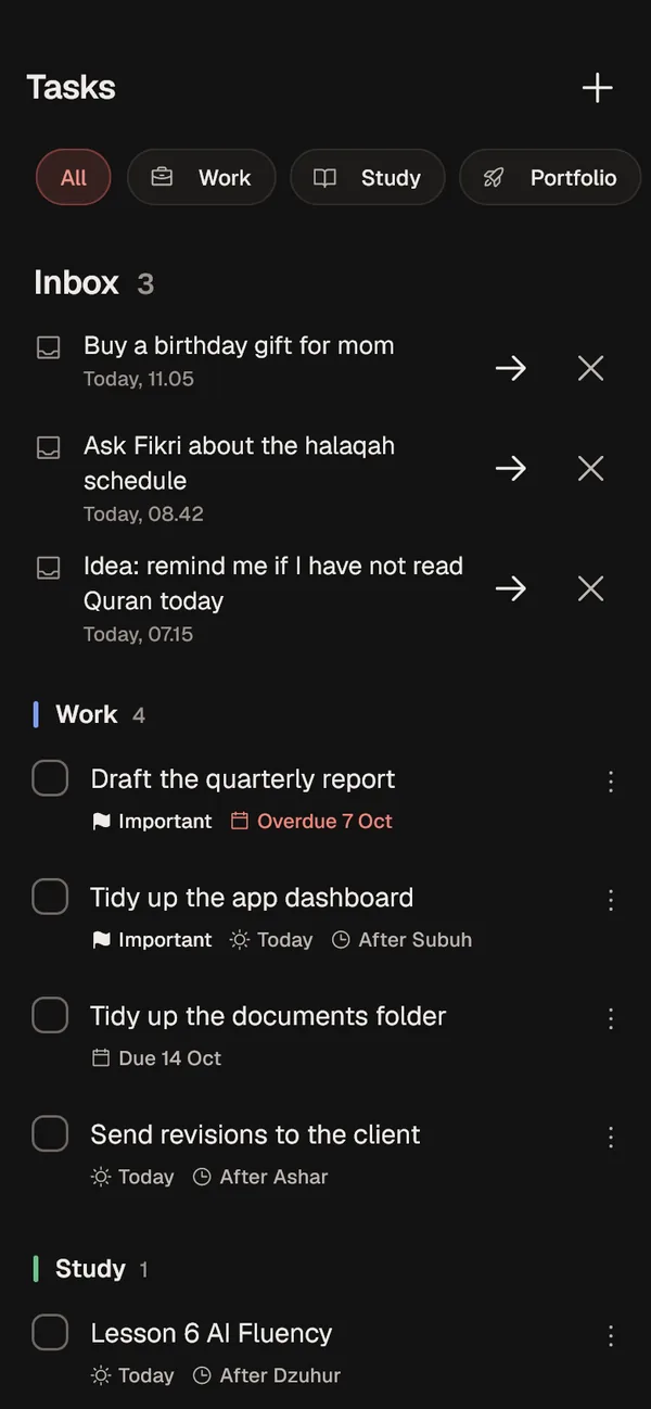 Task list in dark mode.