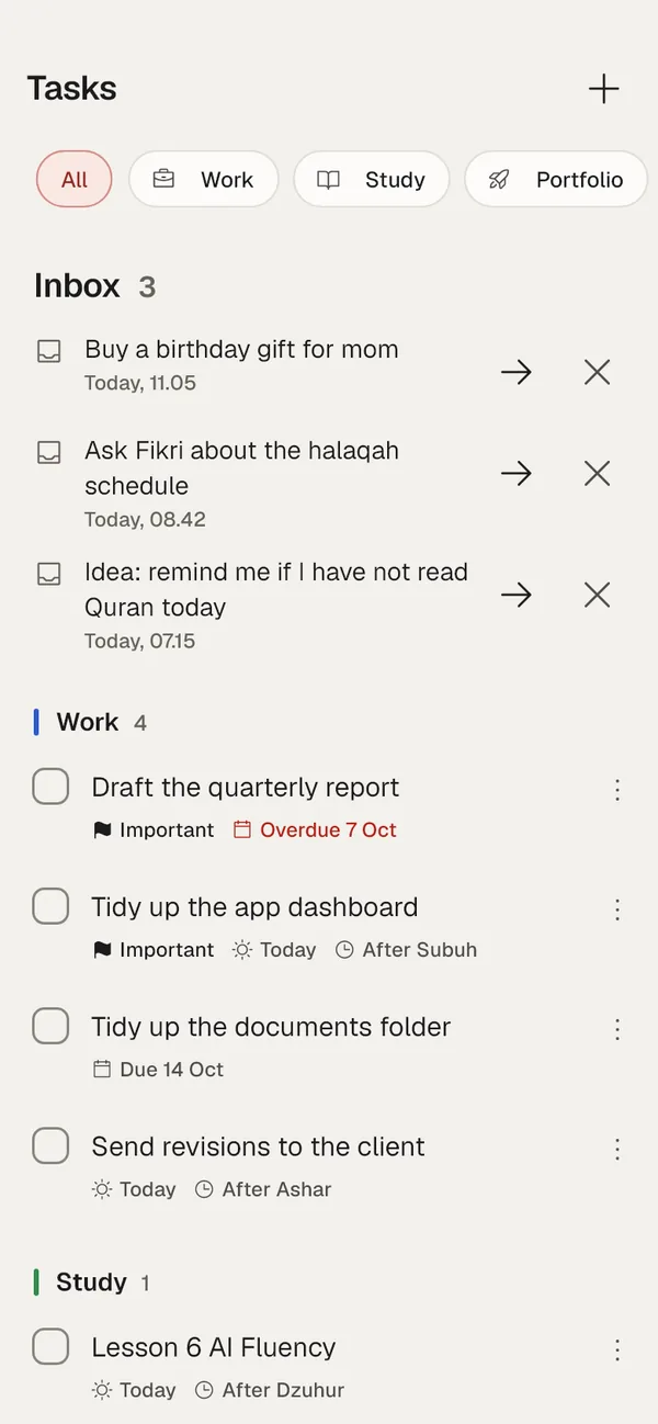 Task list by area with the quick capture inbox on top.